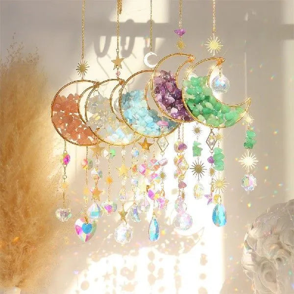 K9 crystal moon charm pendant on a metal chain for car rear-view mirror decoration.