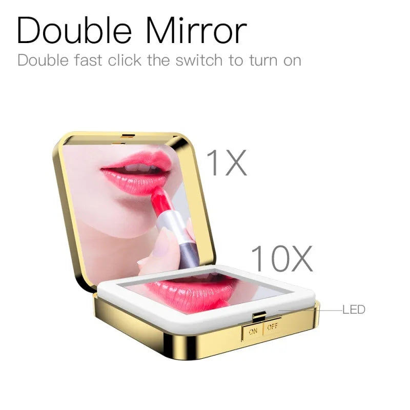 Black and white makeup mirror with magnification, HD mirror, and adjustable warm and cool LED lights.