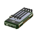 Black military grade portable power bank showing front panel with capacity rating and ports.