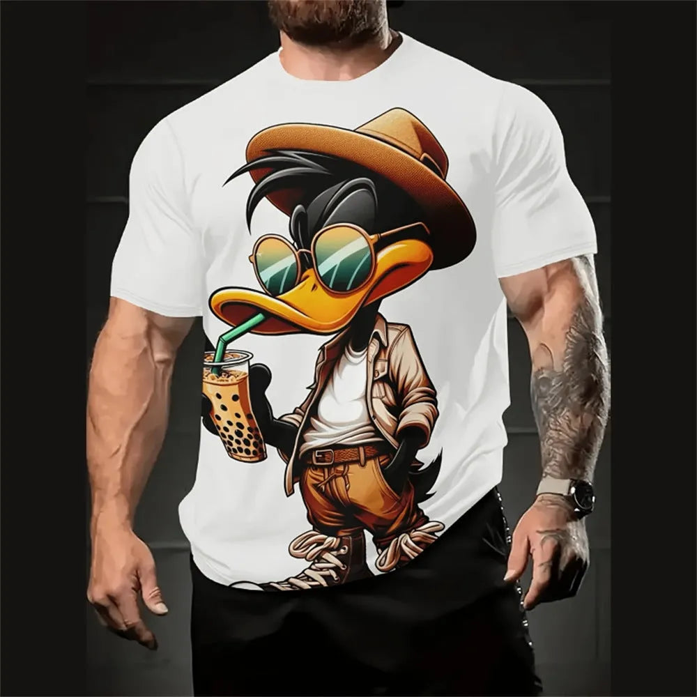 Man wearing a loose-fit grey t-shirt with a colourful 3D cartoon print on the front.
