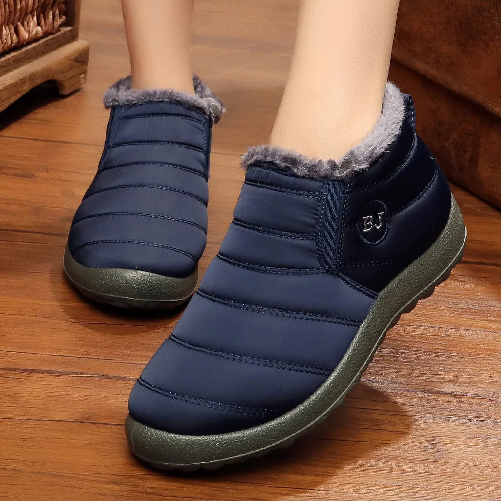 Men's waterproof snow boots with plush lining, non-woven upper, EVA outsole, slip-on ankle design.