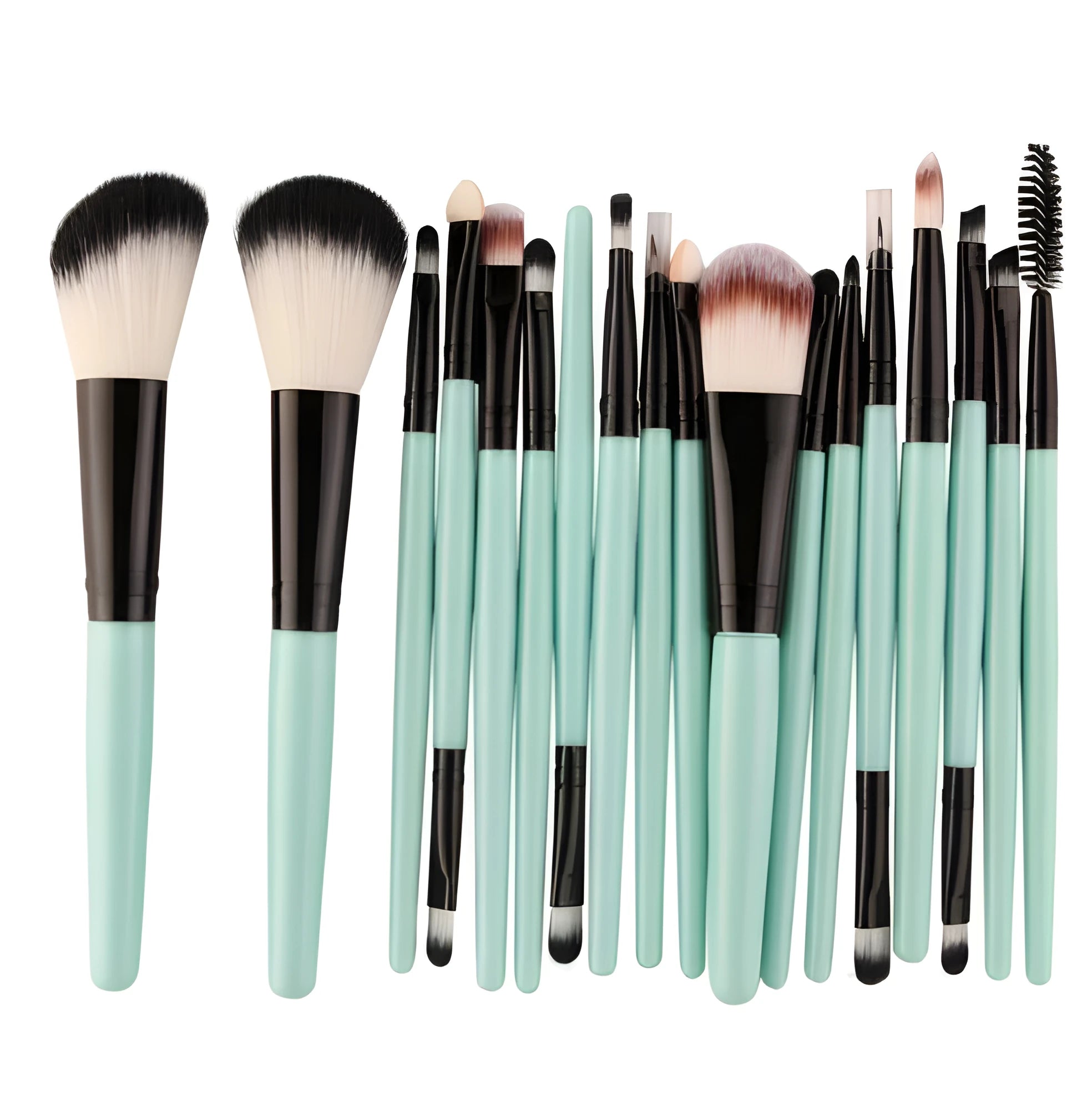 MAANGE 18-piece makeup brush set featuring fan-shaped brushes and various other styles on a white background.