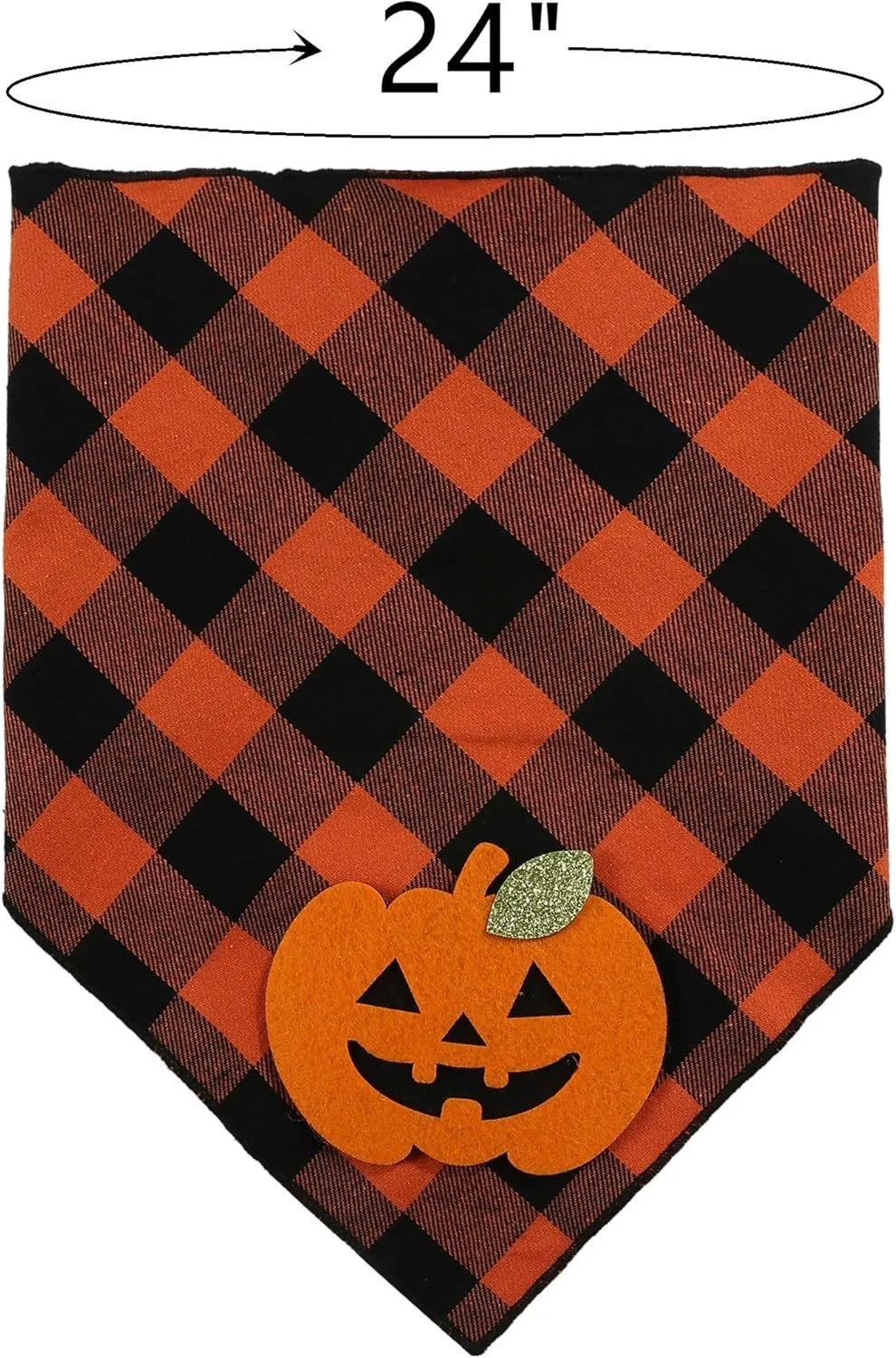 Orange Halloween dog bandana with pumpkin appliques and white skeleton design on plaid pattern