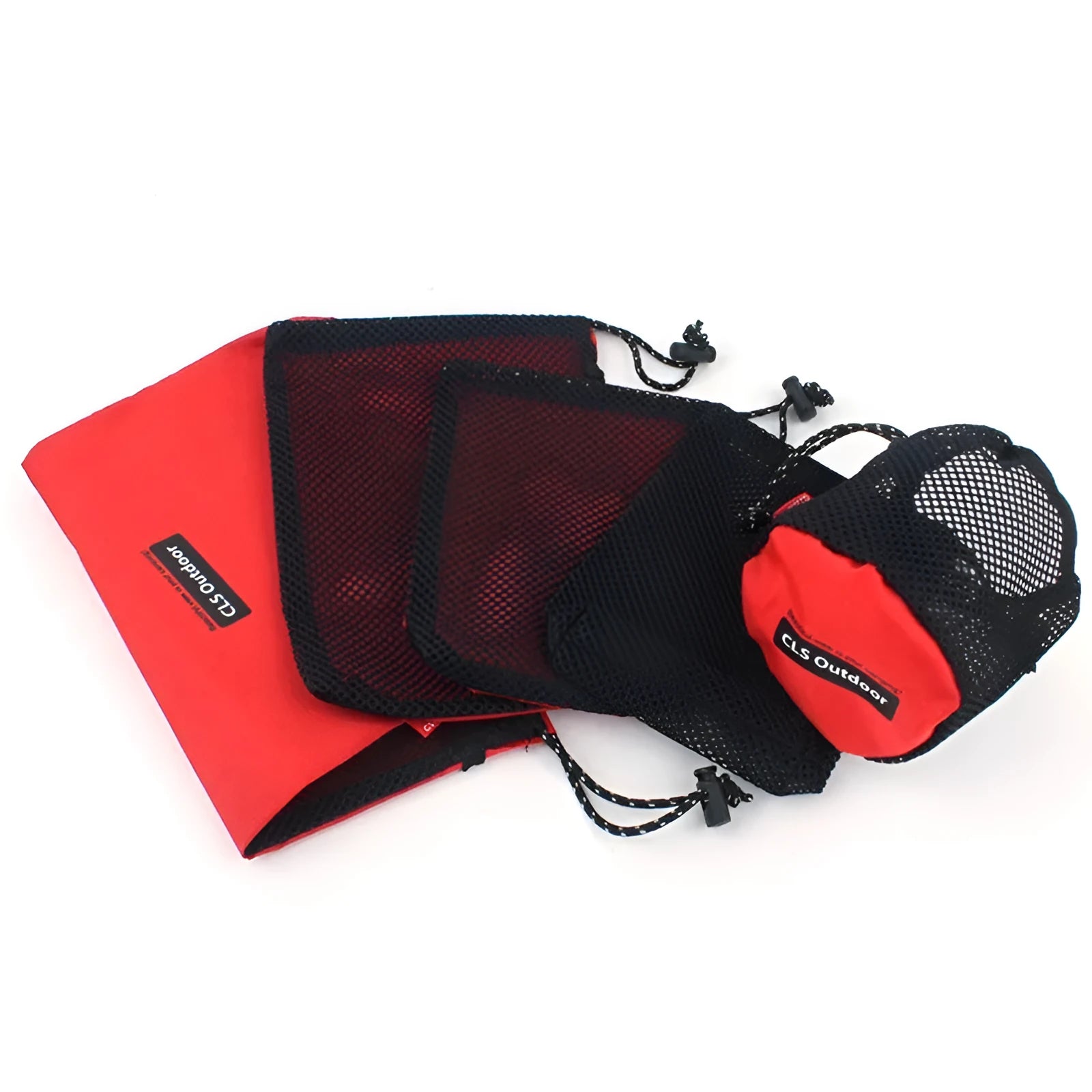 Set of five red Oxford cloth travel storage bags with zippers and mesh panels
