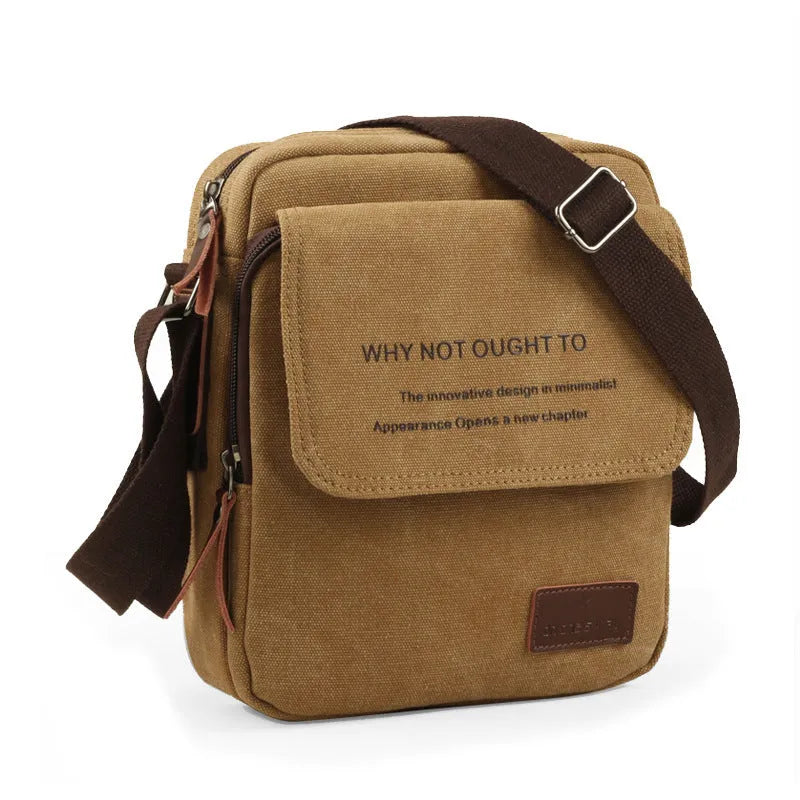 Canvas shoulder bag in khaki with polyester lining, small size 20x7x23cm, shown as a structured day bag