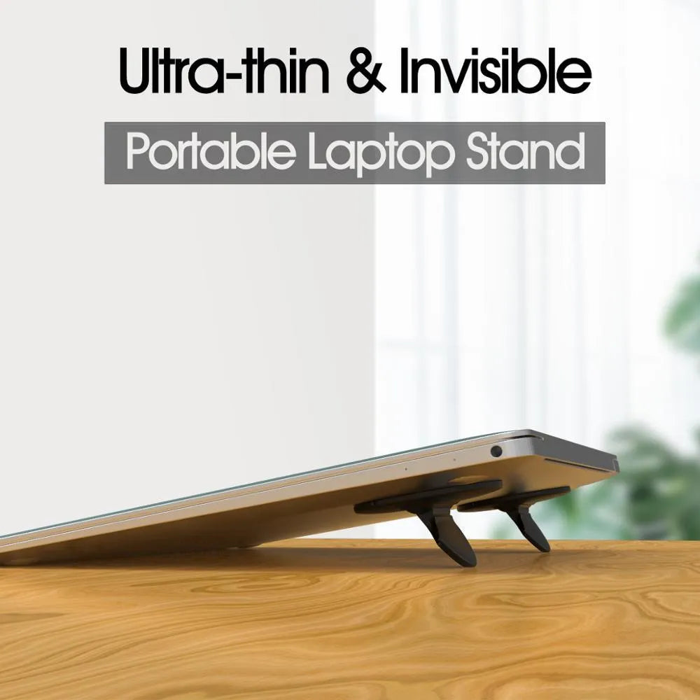 Two black adjustable mini laptop stands on a desk with a laptop, showing 50x50x6.5mm size