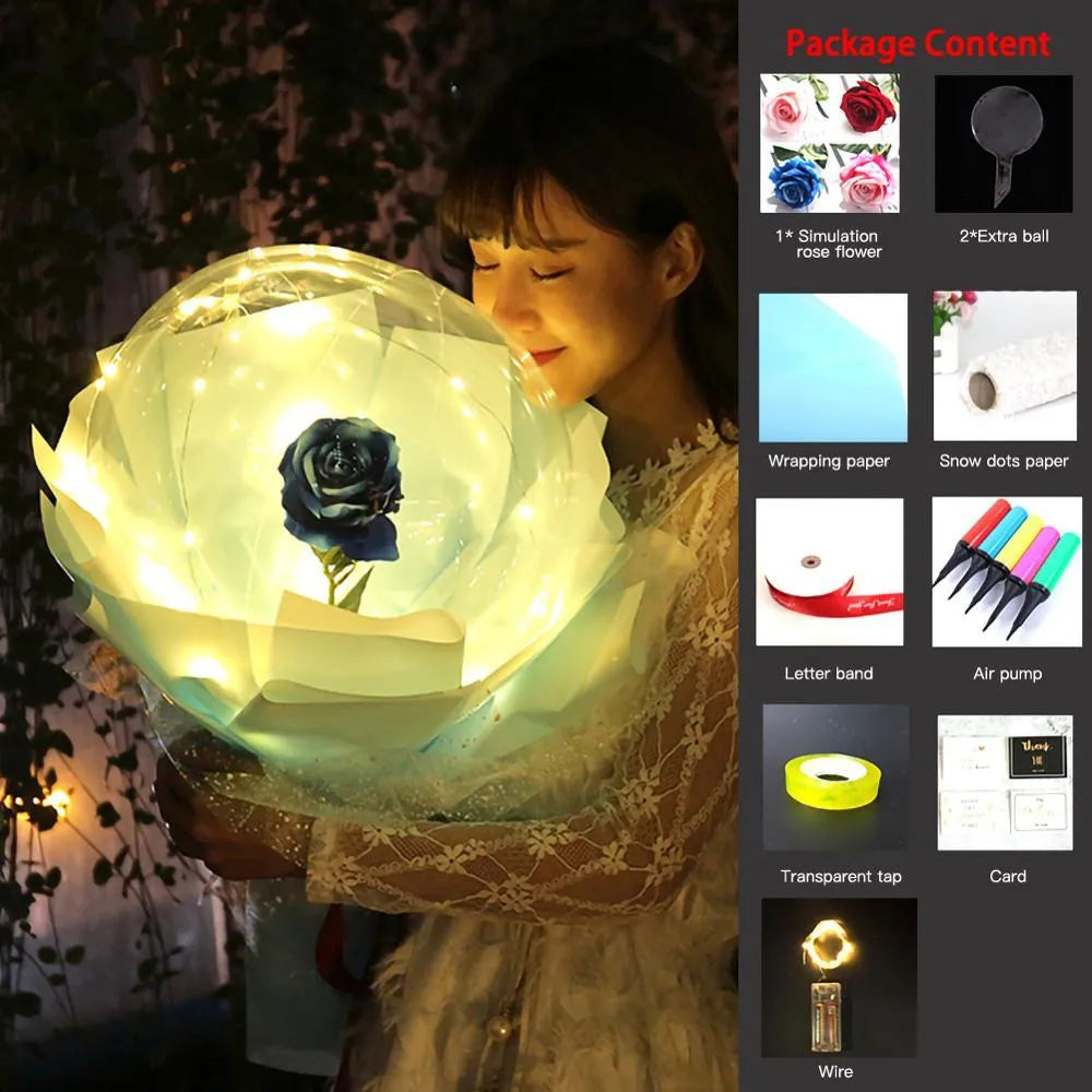 DIY LED luminous balloon rose bouquet set with transparent Bobo balls and LED lights on artificial flowers