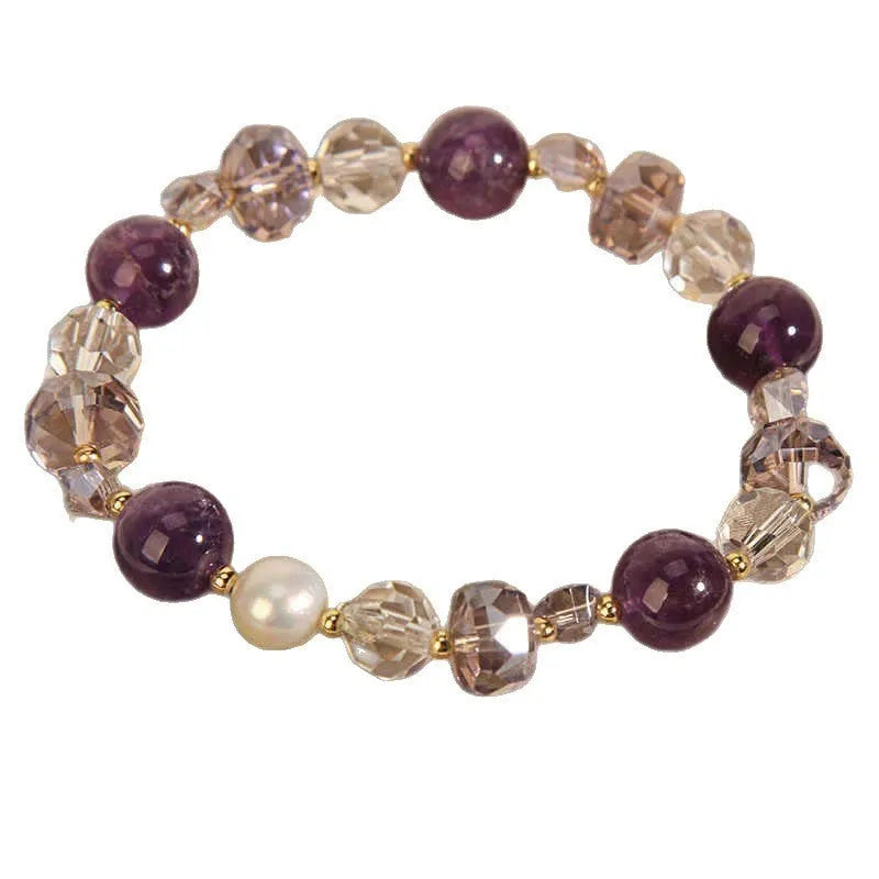 Women's artificial amethyst bracelet with pearl pendant and four-leaf clover charm on U-shaped design