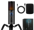 Black Q18 USB condenser microphone with RGB lighting on an adjustable metal tripod stand.