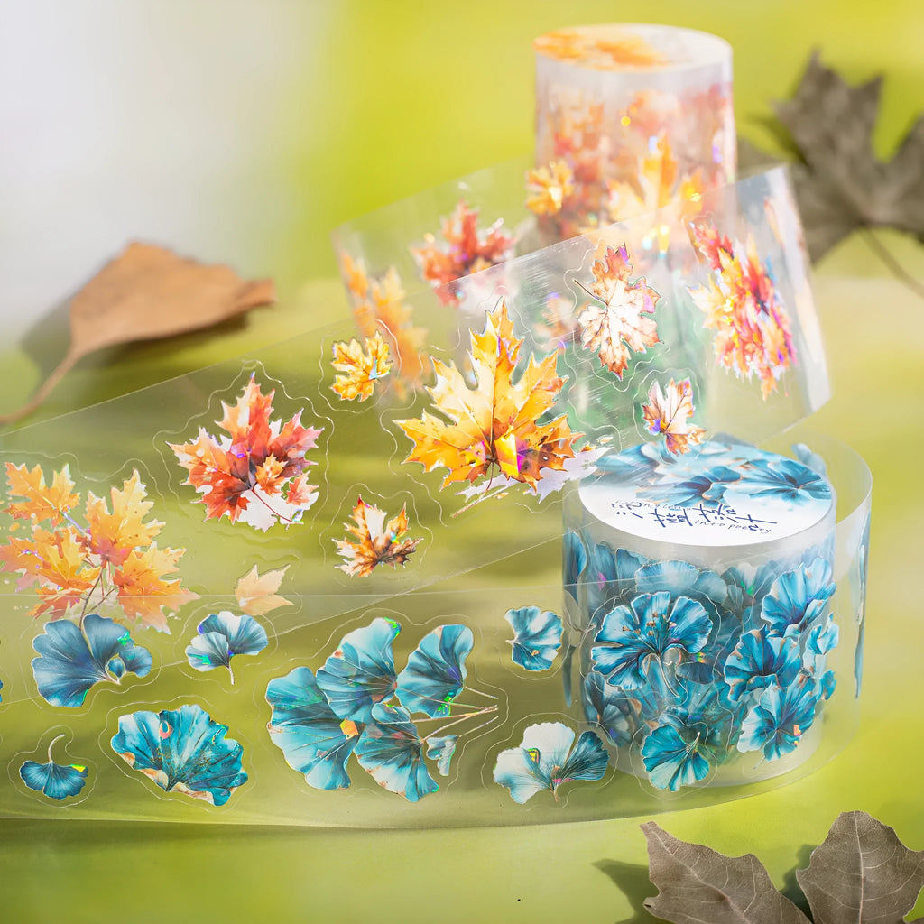 Roll of Deciduous Poetry Series decorative stickers showing six leaf designs including ginkgo and maple, 40mm wide.