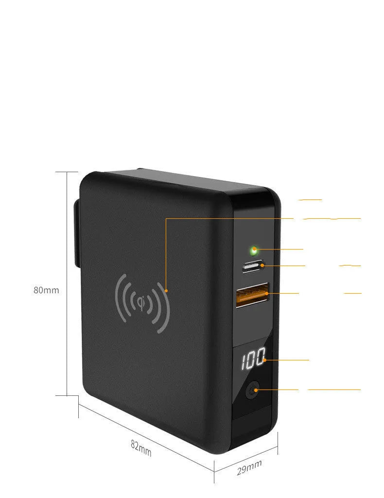 Black Super QI 10000mAh power bank with wireless charging top and foldable UK plug adapter attached.