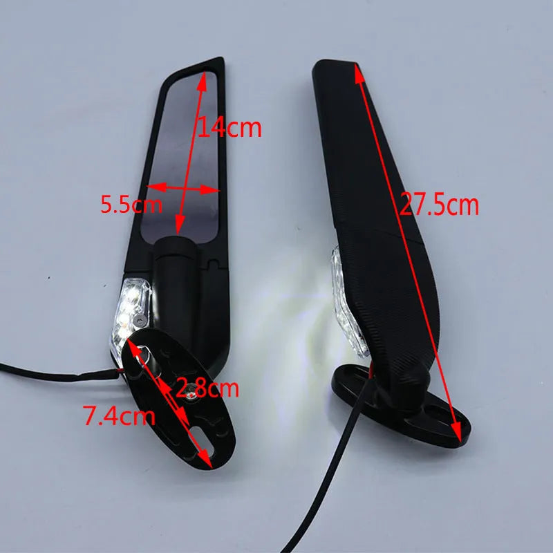 Pair of yellow motorcycle rearview mirrors with integrated running reflectors, showing convex glass lens and aluminium housing.