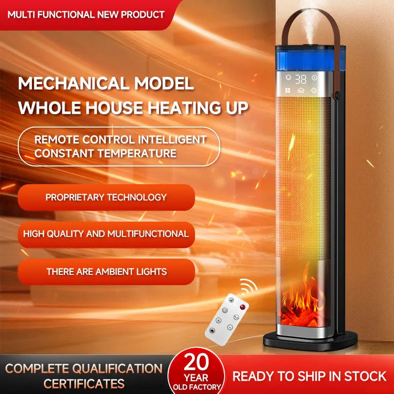 Tall vertical tower heater with humidification function and remote control on a wooden floor.