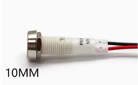 10mm stainless steel edge plastic indicator light with wire, shown in available colours: white, yellow, red, green, blue.