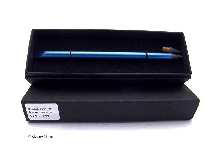 Inkless Metal Pen in silver, gold, rose gold, black, and blue finishes with spare nib and pen bag
