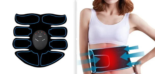 Digital abdominal muscle stimulation patch with three electrodes and colour-coded edges.