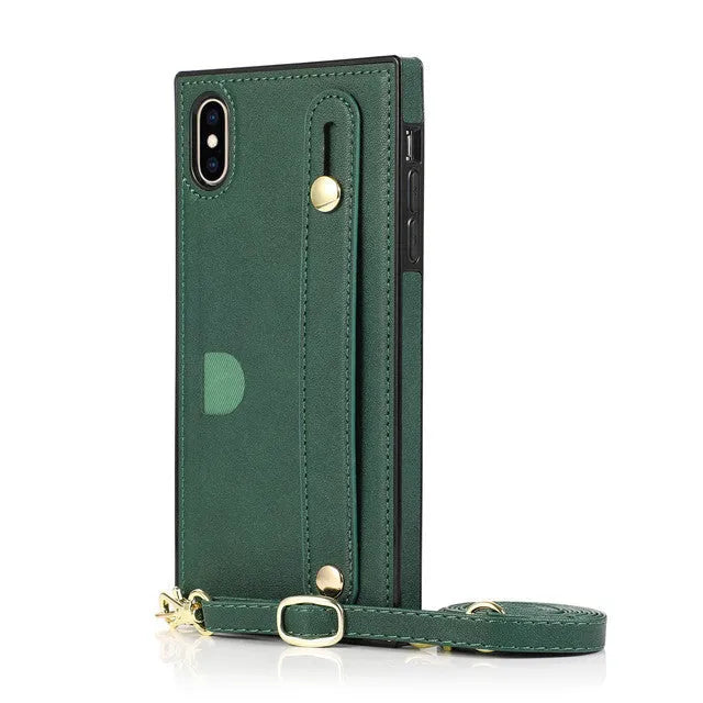 Leather iPhone holster case with card holder slot and attached wrist strap in multiple colours.