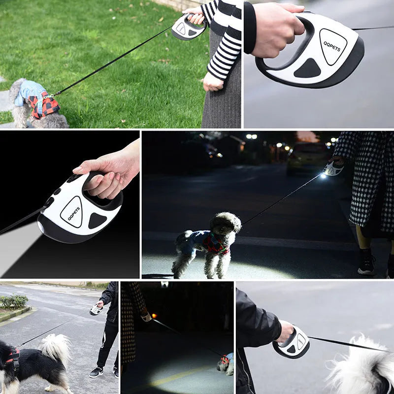 Retractable dog lead with LED light, 3m or 5m nylon braid, anti-slip frosted handle, Red White Yellow options