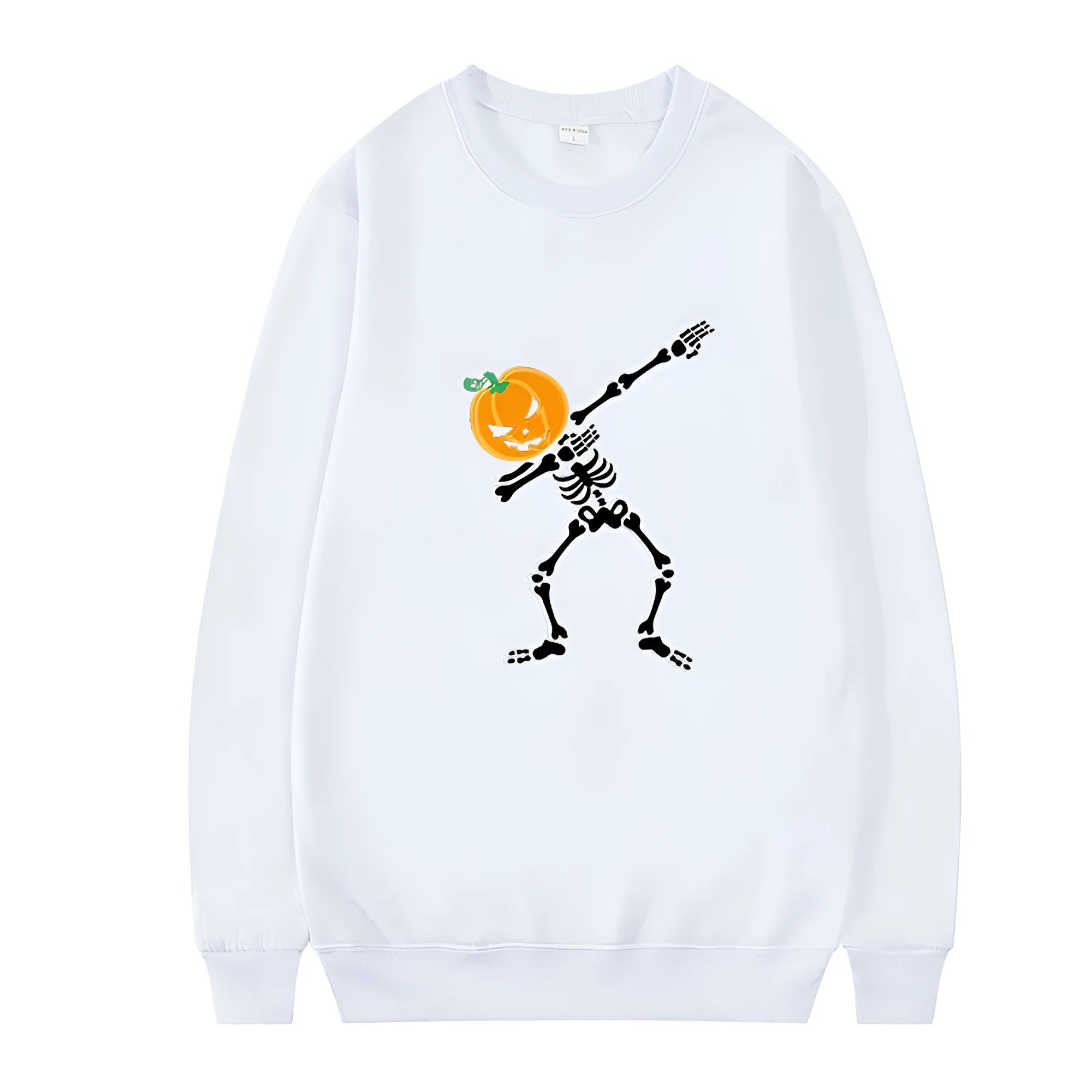 Women's black printed crew neck long sleeve cotton blend top laid flat.