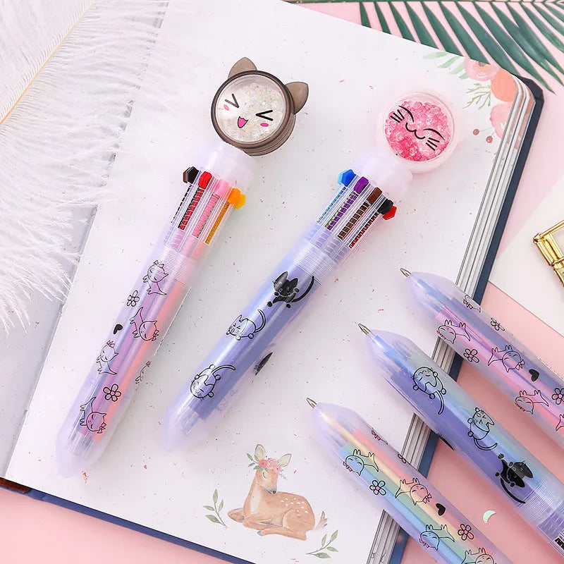 Cute cat design ten-colour 0.5mm push-type mechanical pencil, 15cm length.