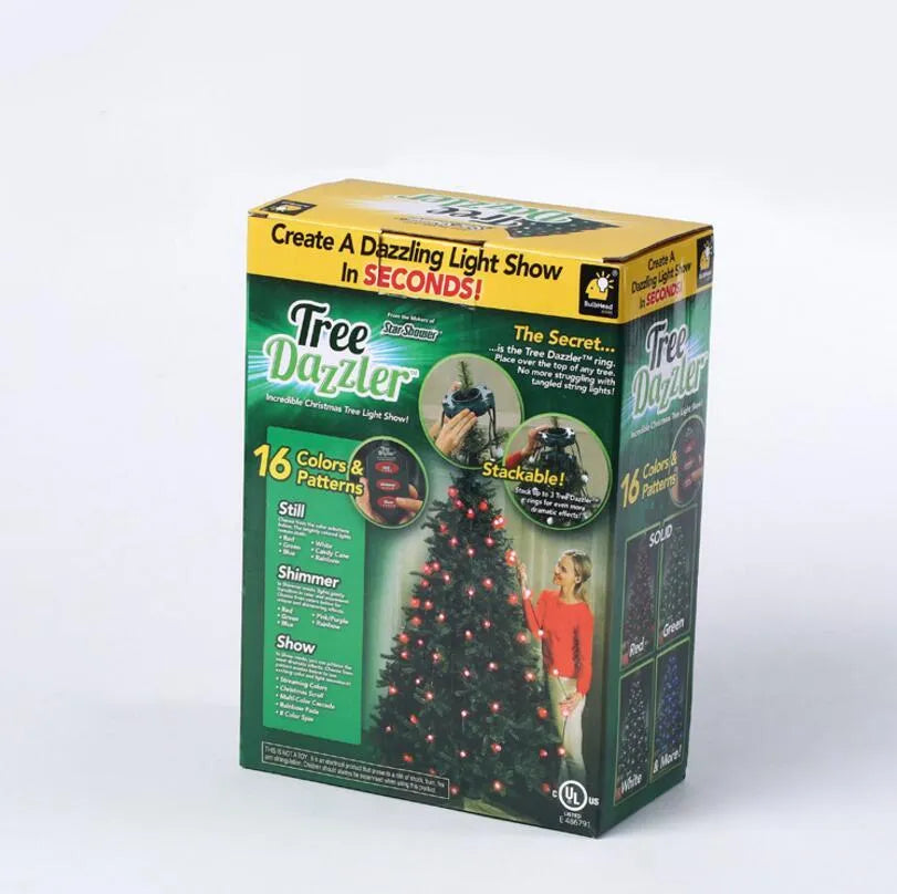 64-LED Christmas tree light string with colour-changing bulbs and integrated control button, 1.8 metres long with IP44 weather resistance