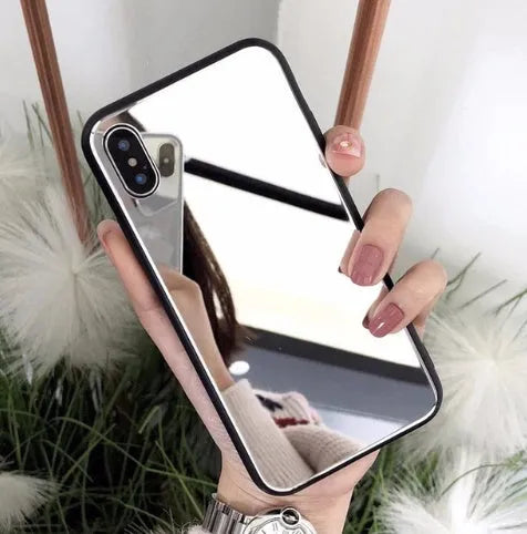 Black iPhone back cover case with a built-in square mirror on the back.