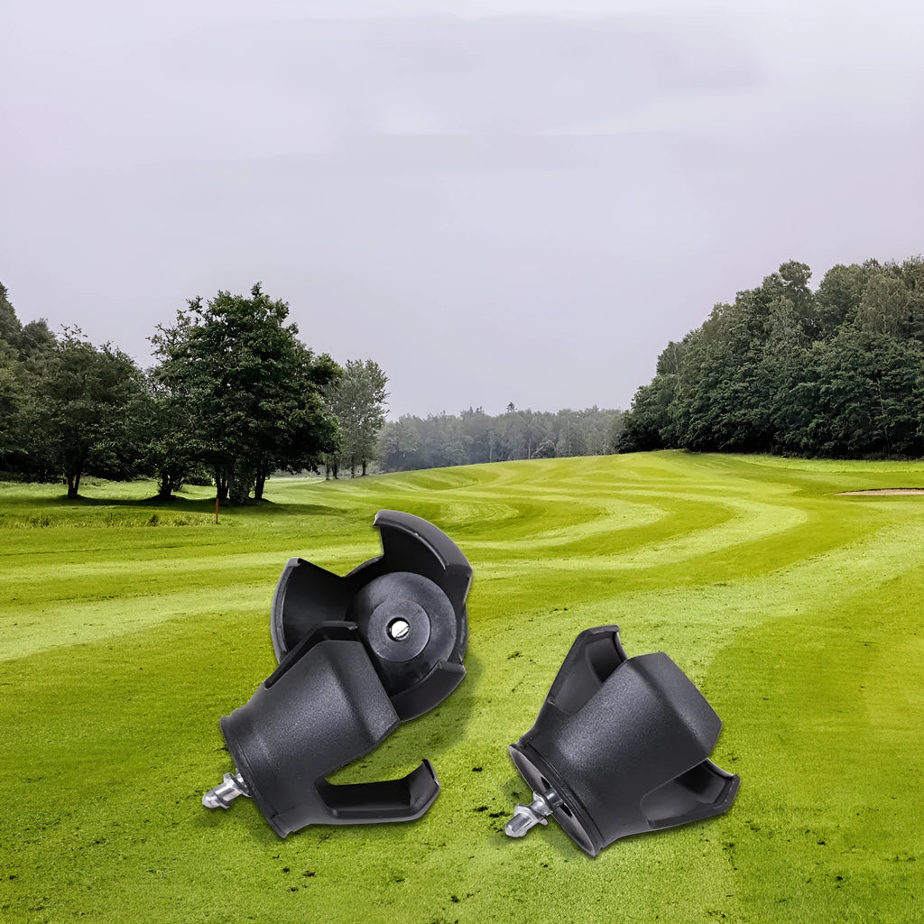 Black golf ball picking device with a clip, shown for use with a putter.