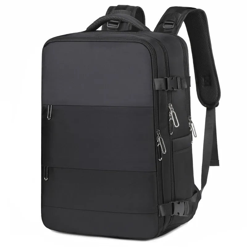 Large purple travel backpack with multiple compartments and an air pillow strap system.