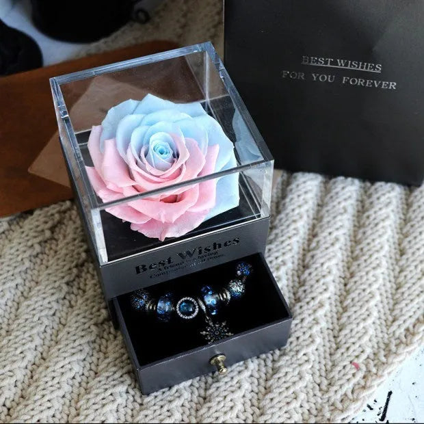 Eternal flower gift box with artificial roses, measuring 8.5cm wide and 10.5cm high