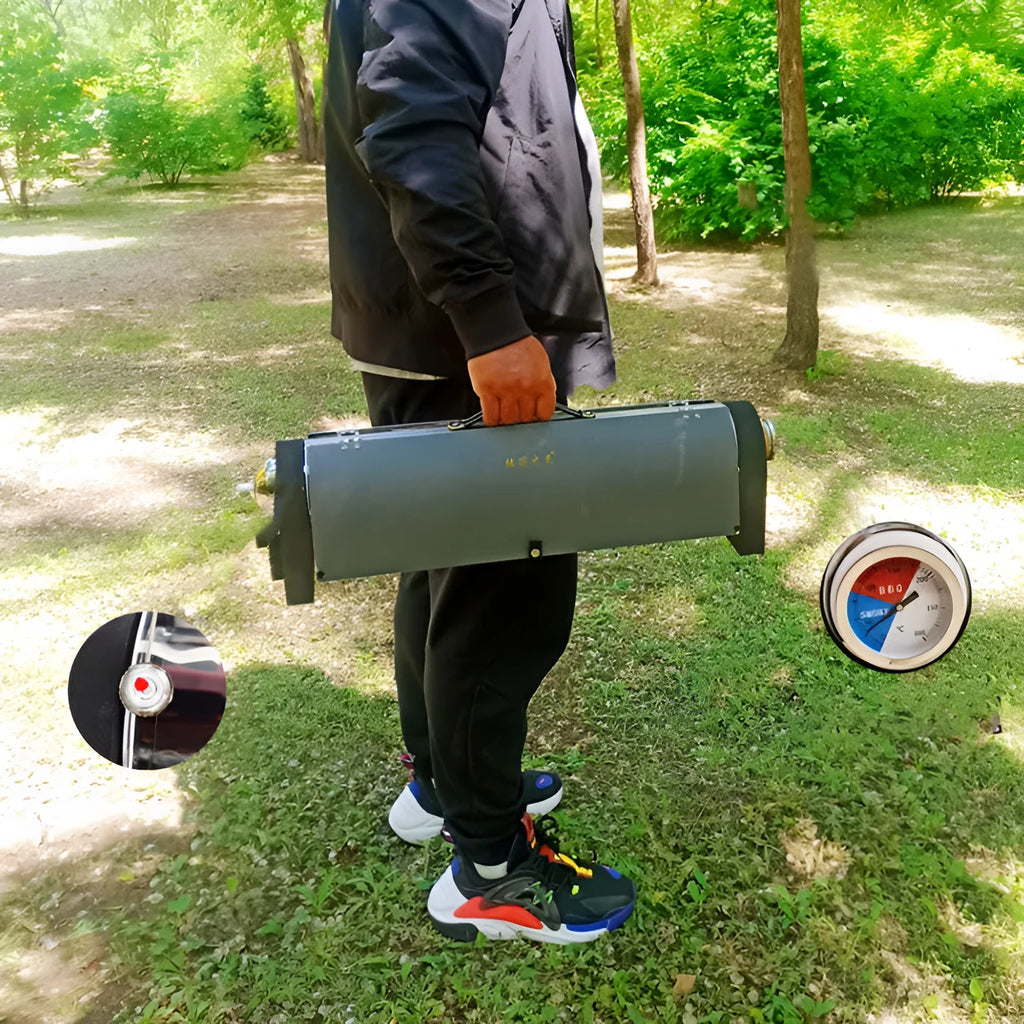 Outdoor portable smokeless vacuum oven grill in Silver with 1.5L tube and 50cm food tank on grass