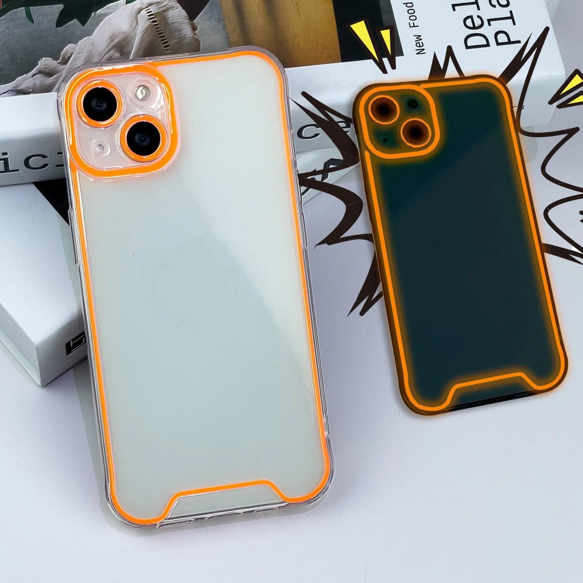 Glow in the dark soft TPU phone case for iPhone on a dark background, showing luminescent green colour.
