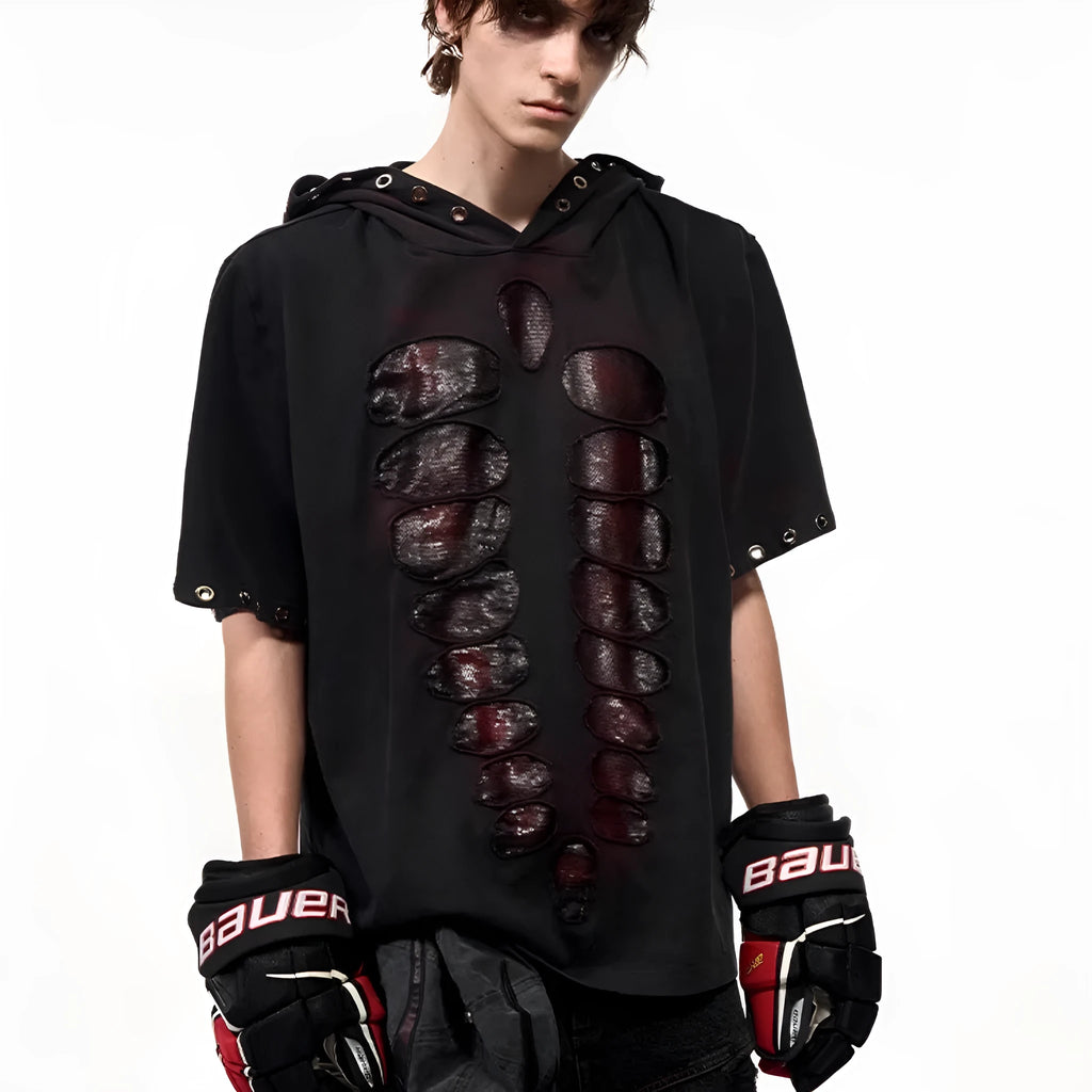 Black men's loose hooded T-shirt with short sleeves and sequin decoration on the front.