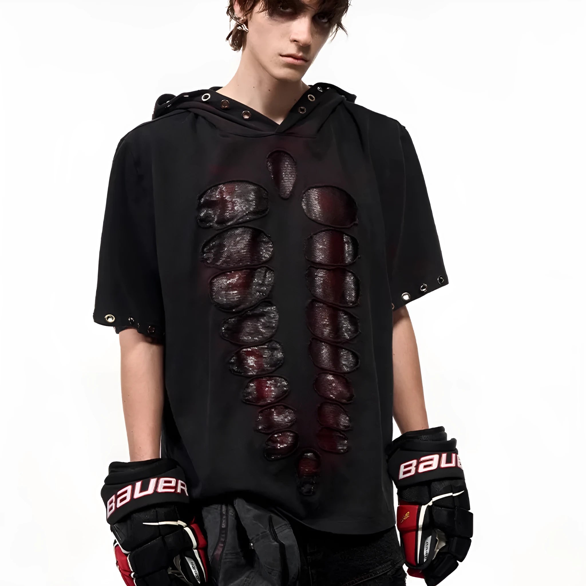 Black men's loose hooded T-shirt with short sleeves and sequin decoration on the front.