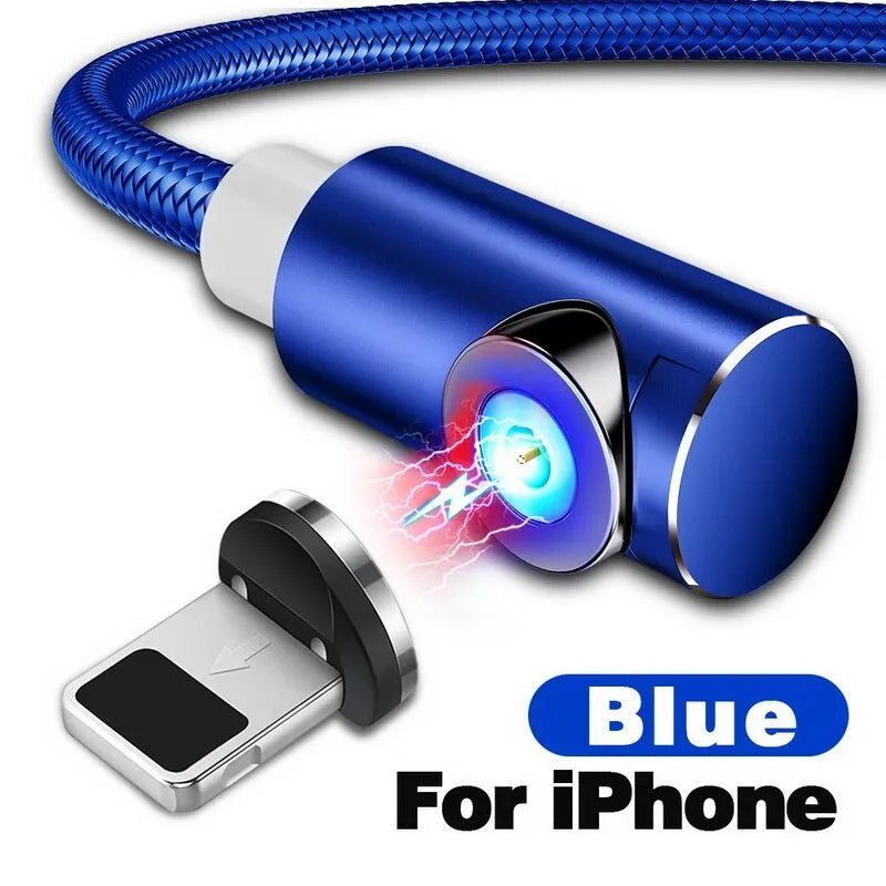 Black magnetic charging cable with L-shaped head and three separate Micro USB, Lightning, and Type-C magnetic adapters.