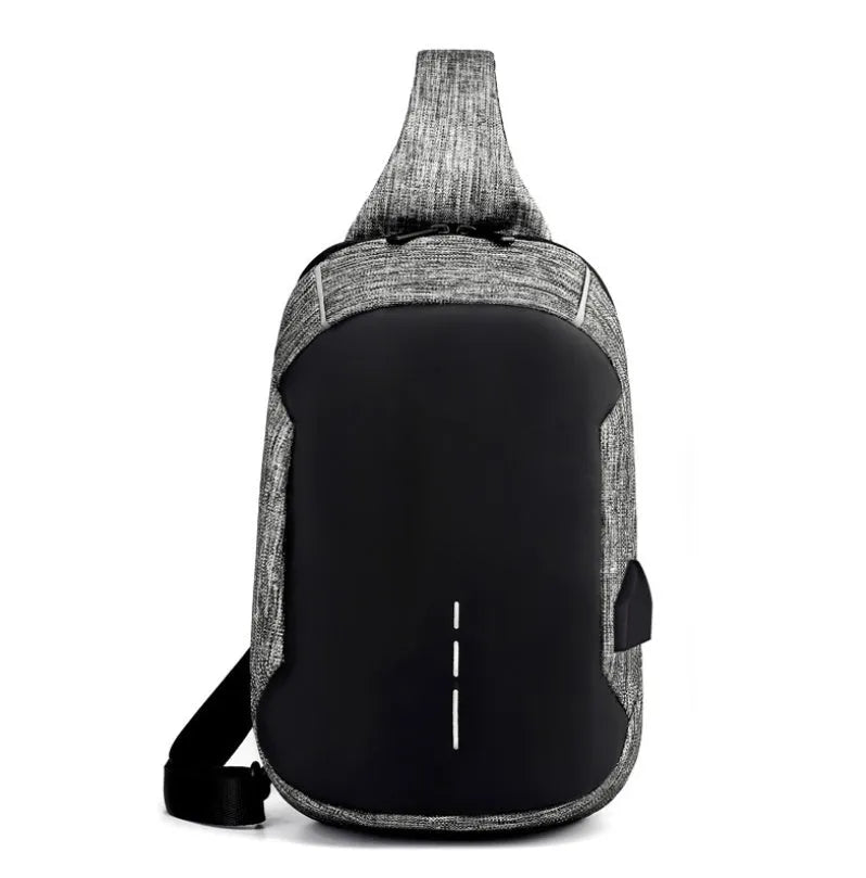 Dark blue Oxford cloth chest bag with zipper and adjustable strap, shown front-on.