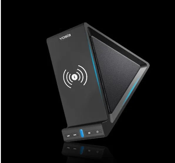 Black multifunctional Bluetooth speaker with wireless charging phone stand and 2000mAh power bank