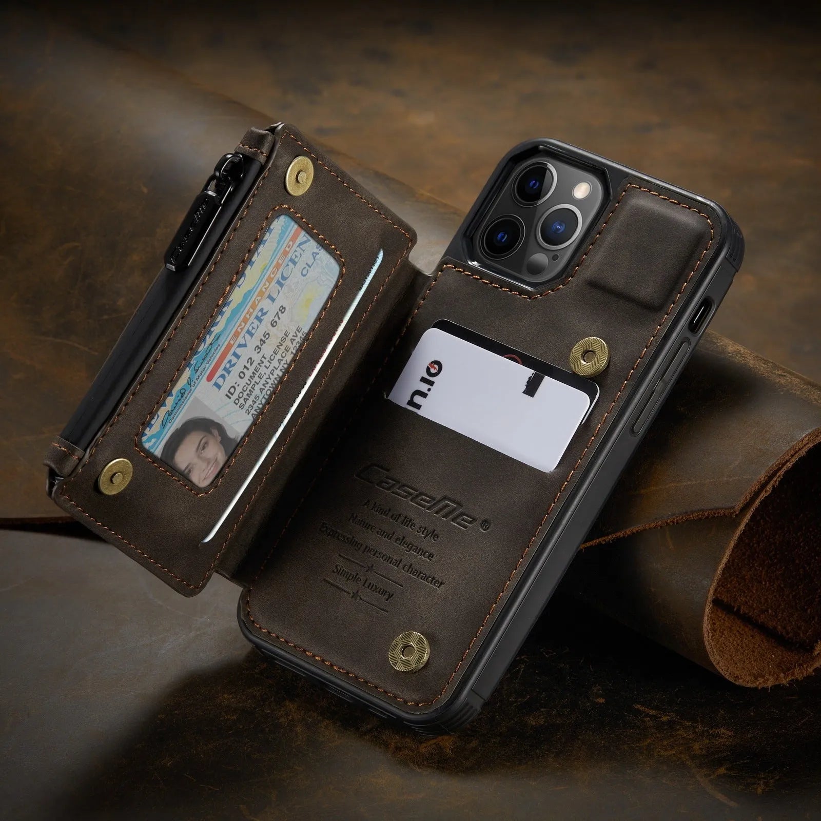 Anti-theft mobile phone case with belt holster in black, blue, brown, coffee, and wine red colours.