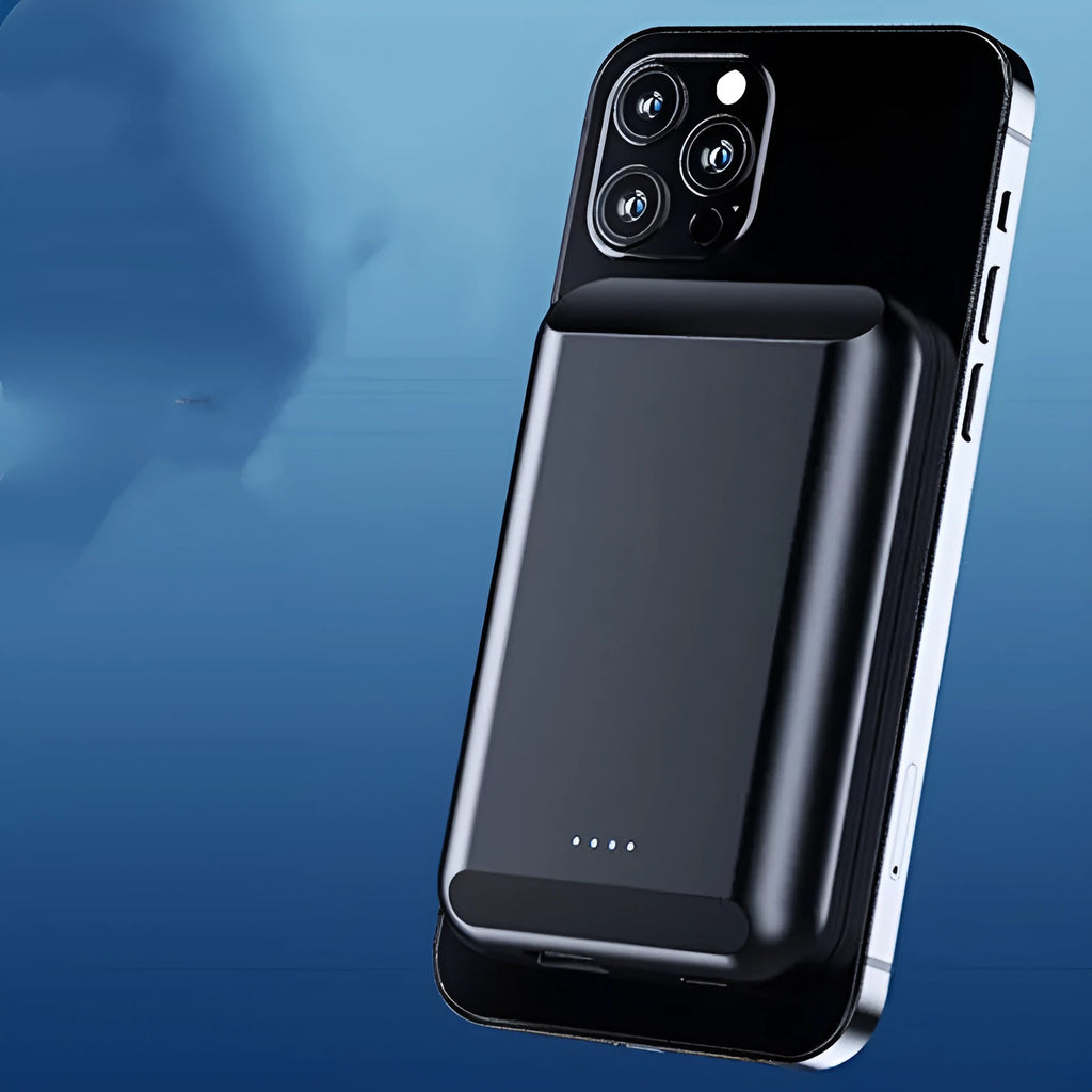 Son magnetic wireless power bank in black, blue, green, pink, or white, showing compact 85mm x 55mm size.