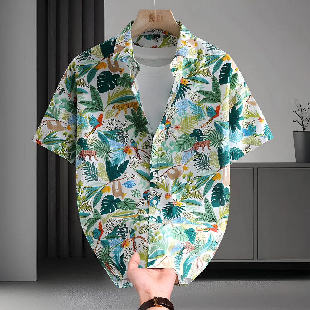 Men's floral print summer shirt with short sleeves and colourful Hawaiian pattern on cotton fabric