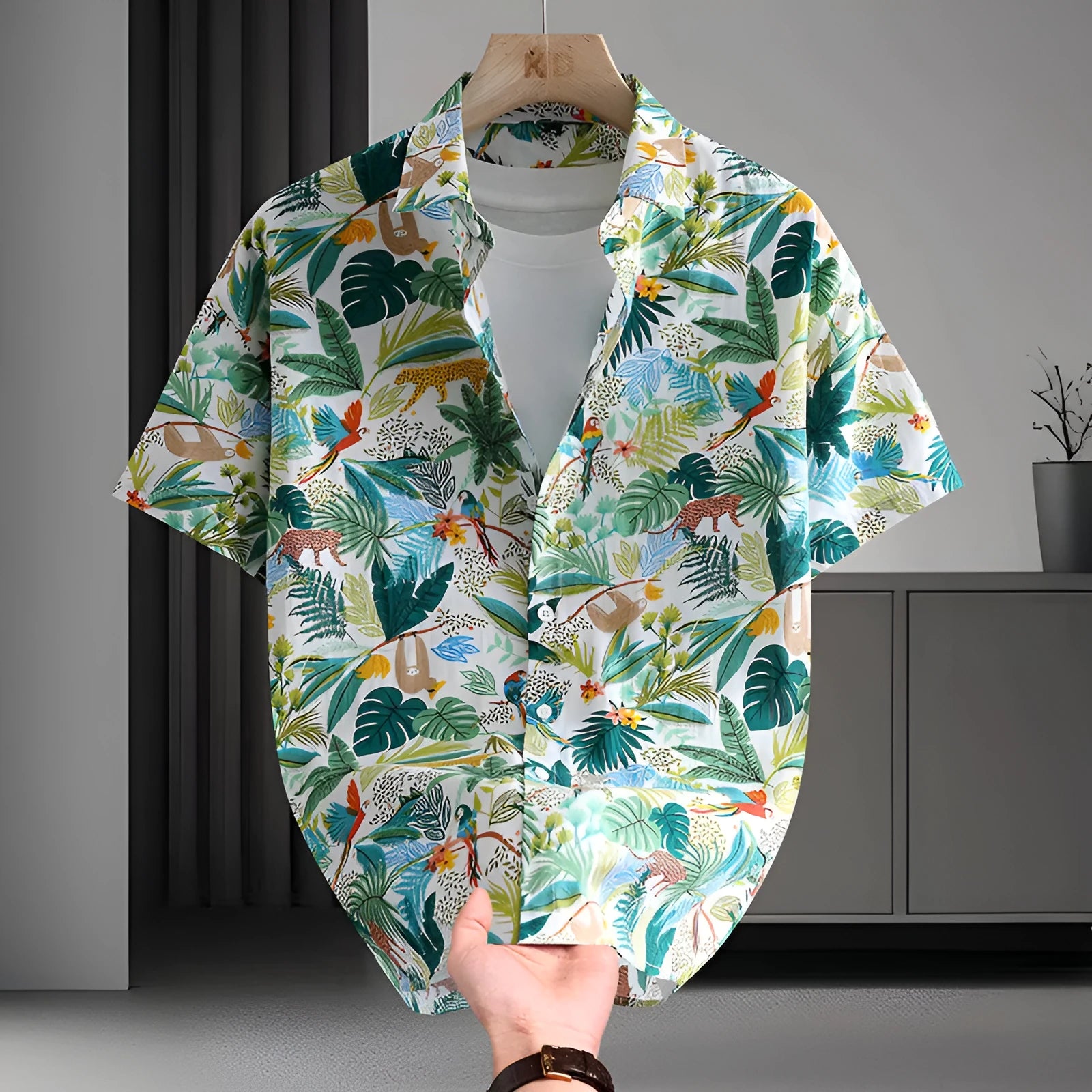 Men's floral print summer shirt with short sleeves and colourful Hawaiian pattern on cotton fabric