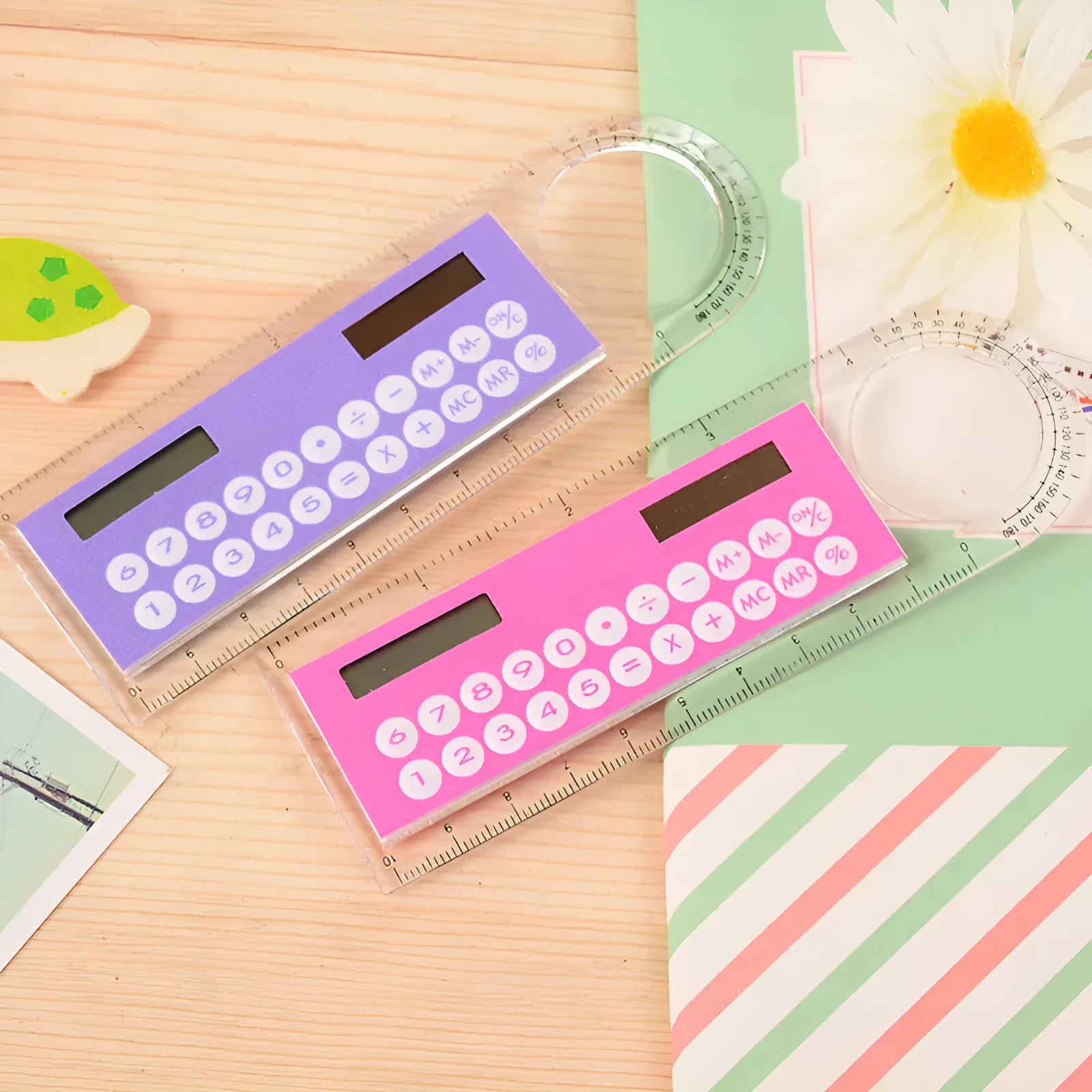 Solar mini calculator ruler magnifier ultra-thin transparent 8-digit display