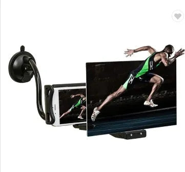 Black mobile phone screen amplifier with 12-inch acrylic display on adjustable folding bracket