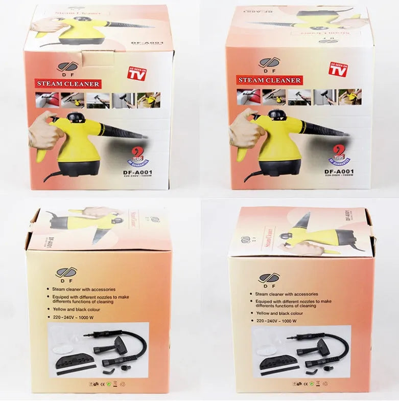 Yellow handheld steam cleaner with 450ml liner on a kitchen surface, 26x21cm size