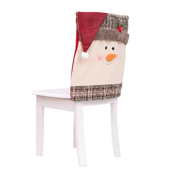 Set of Christmas chair covers featuring Santa Claus, Snowman and Santa hat designs on dining chairs