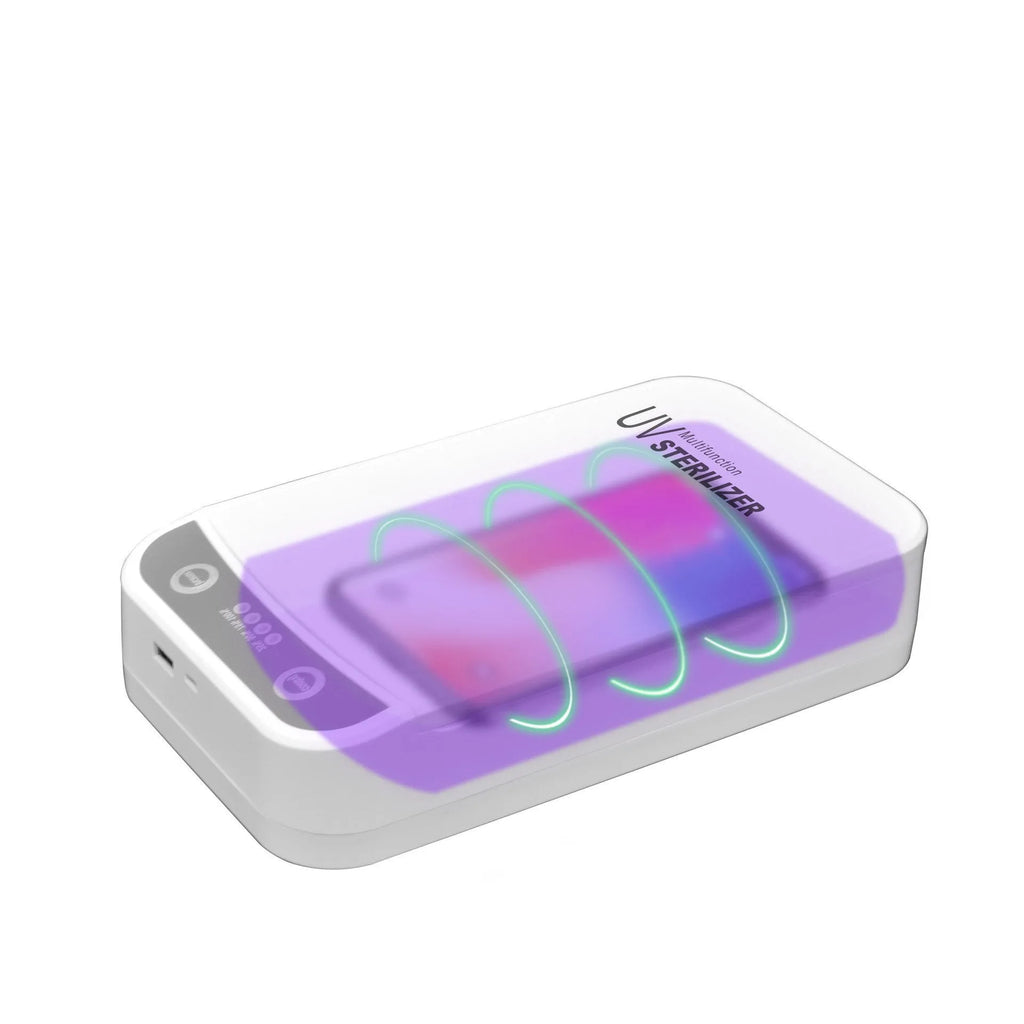 White UV disinfection box with internal chamber for sanitising mobile phones and small items.