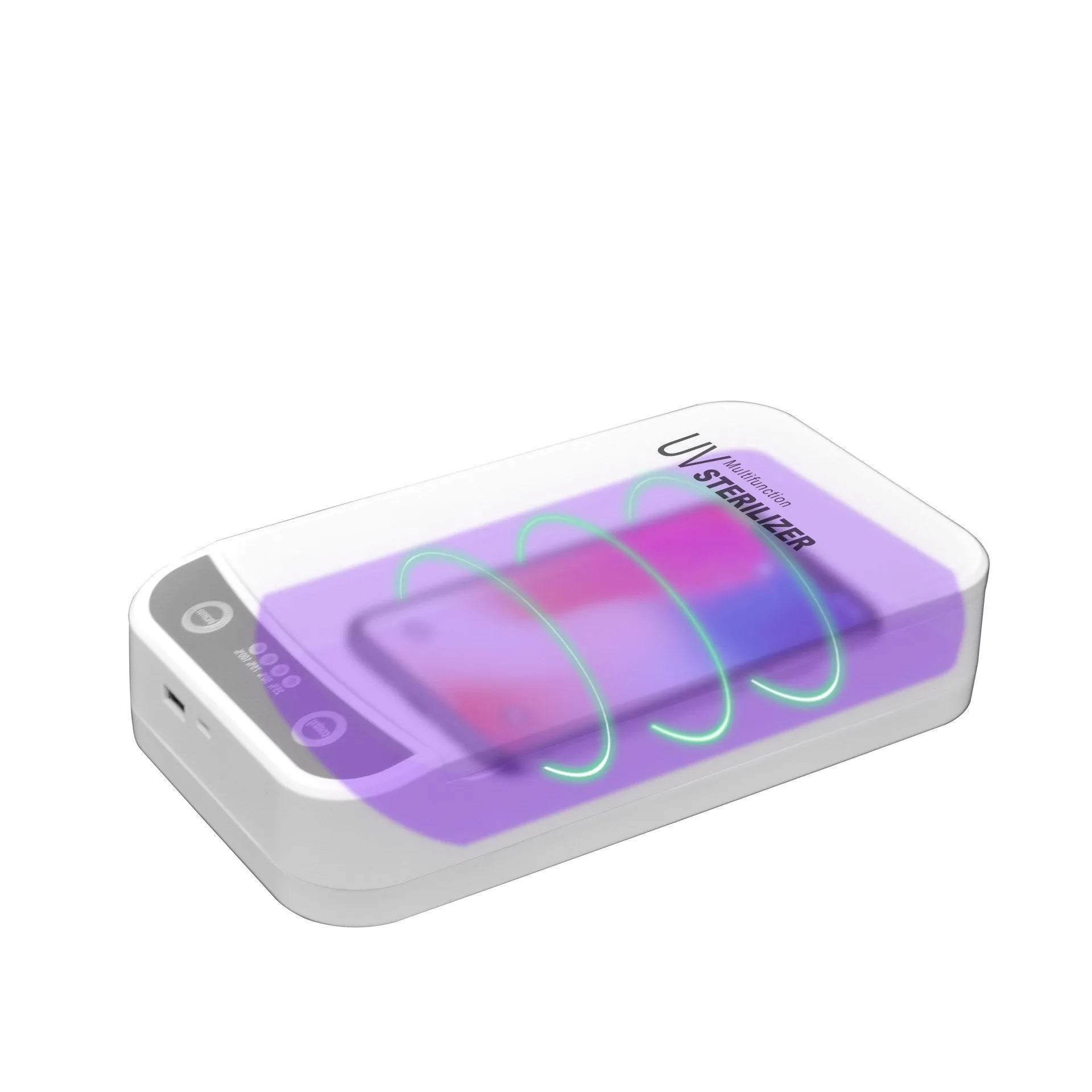 White UV disinfection box with internal chamber for sanitising mobile phones and small items.