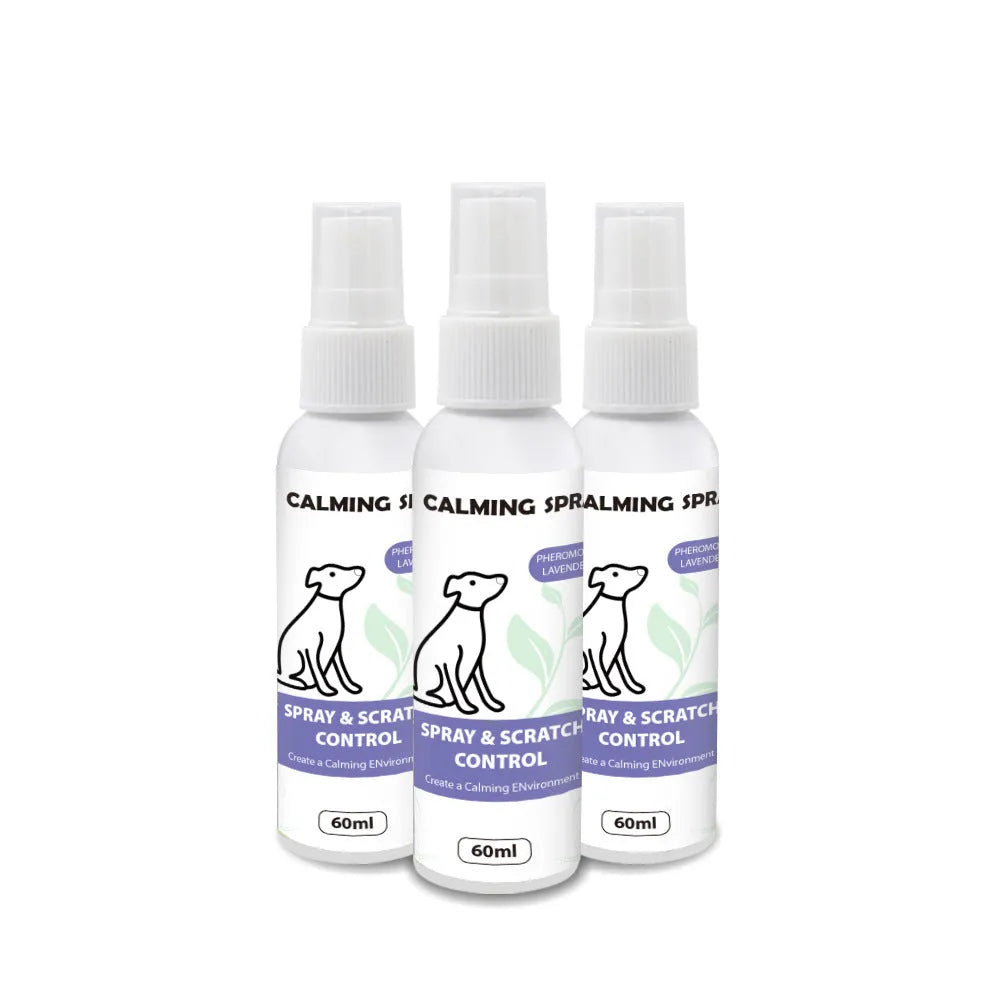 Purple 60ml pet calming spray bottle with organic oil formula for cats and dogs, TPR material