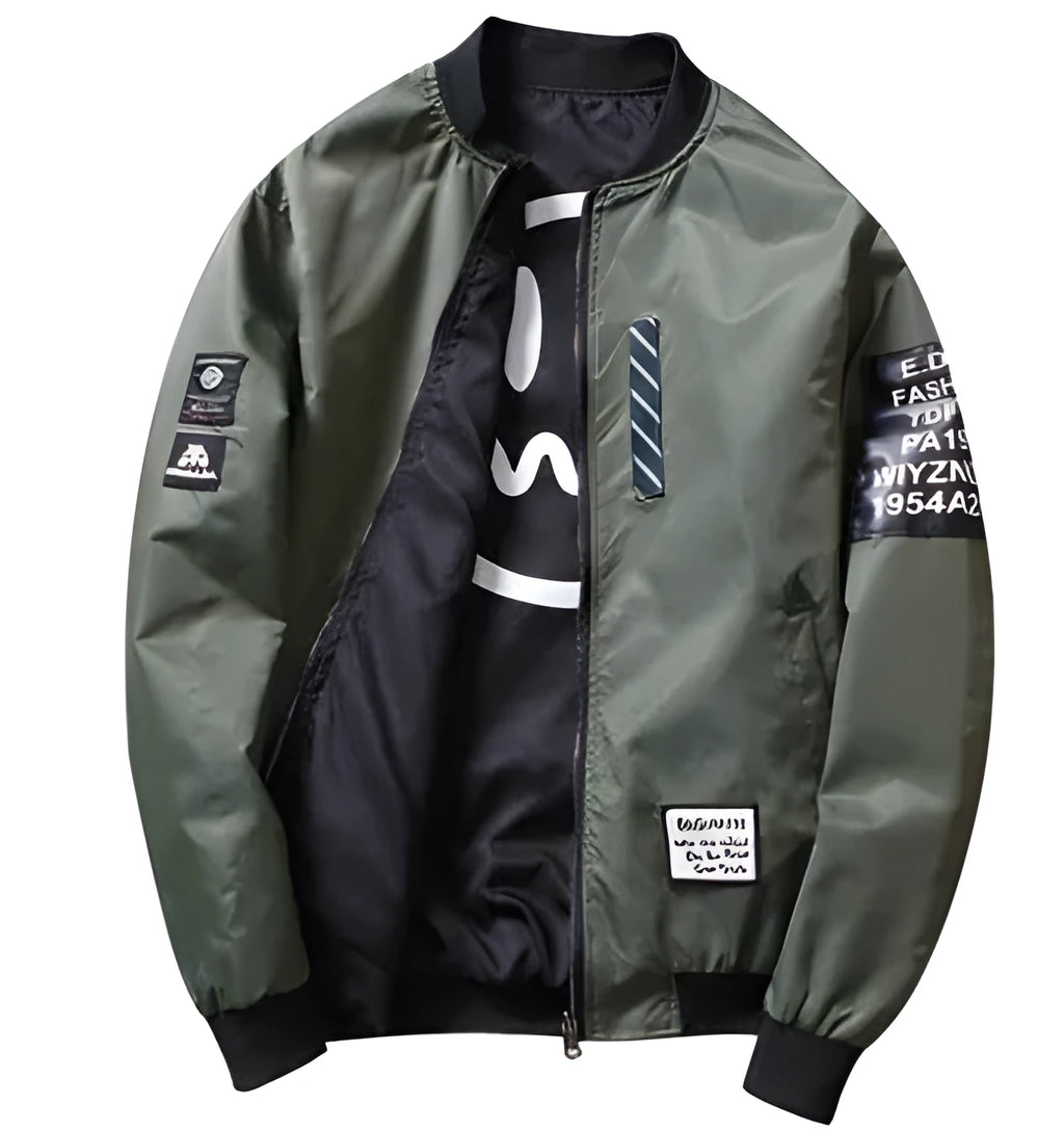 Men's reversible flight jacket in black colour with stripe pattern, shown with zipper closure and casual fit
