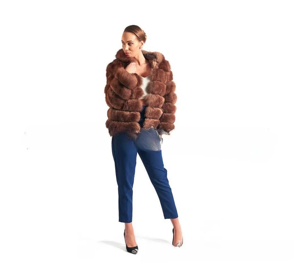 Loose hooded women's coat in artificial fur, shown in brown and white silver fox colours.