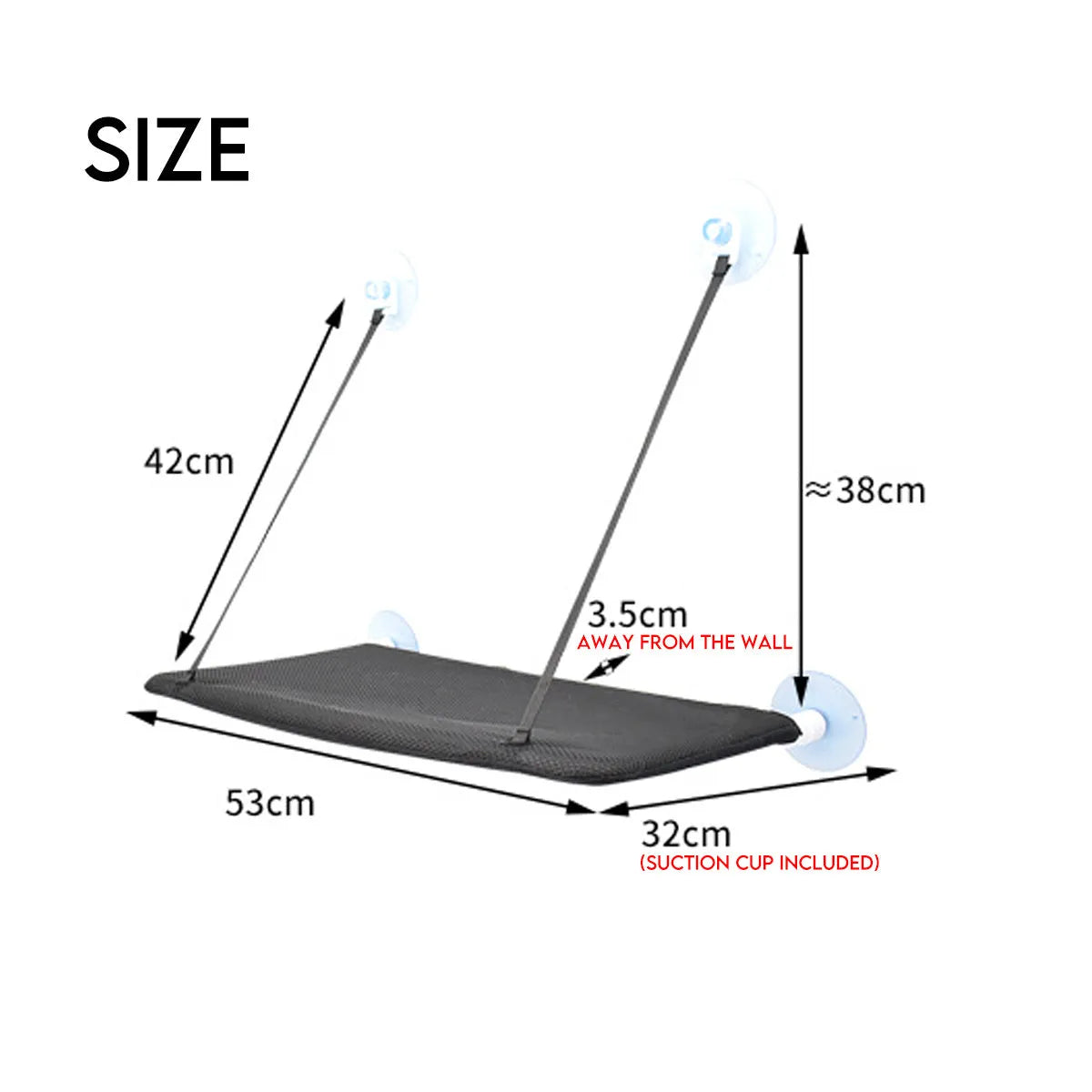 Suction cup cat hammock in cloth and sandwich mesh, 53x32cm, available in Black or Pink
